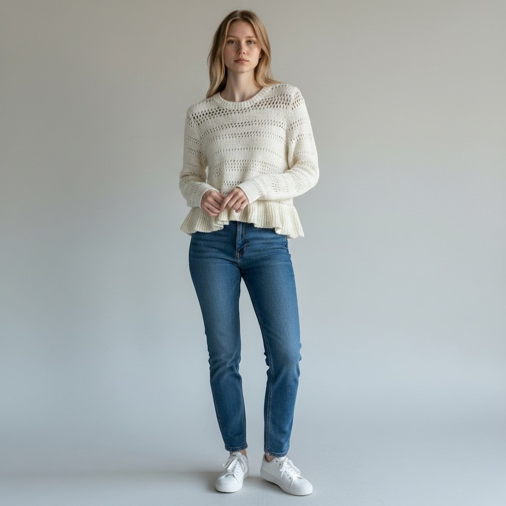 H&M Cream Open Knit Peplum Sweater Crochet Long Sleeve S CottageCore Boho Whimsi